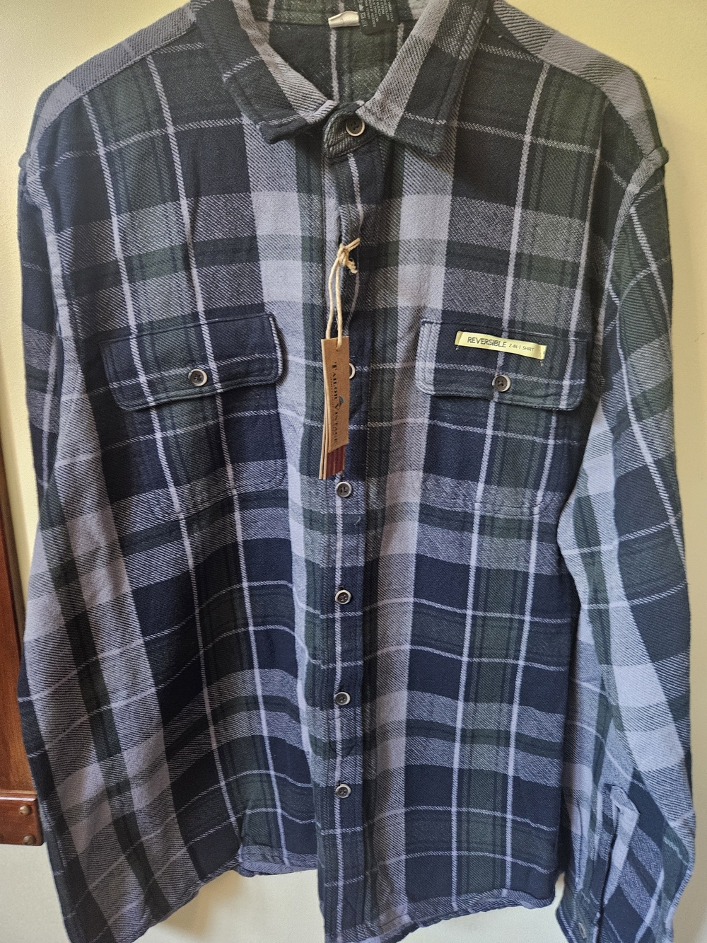 Tailor Vintage Reversible Blue and Green Plaid Button-Down Shirt